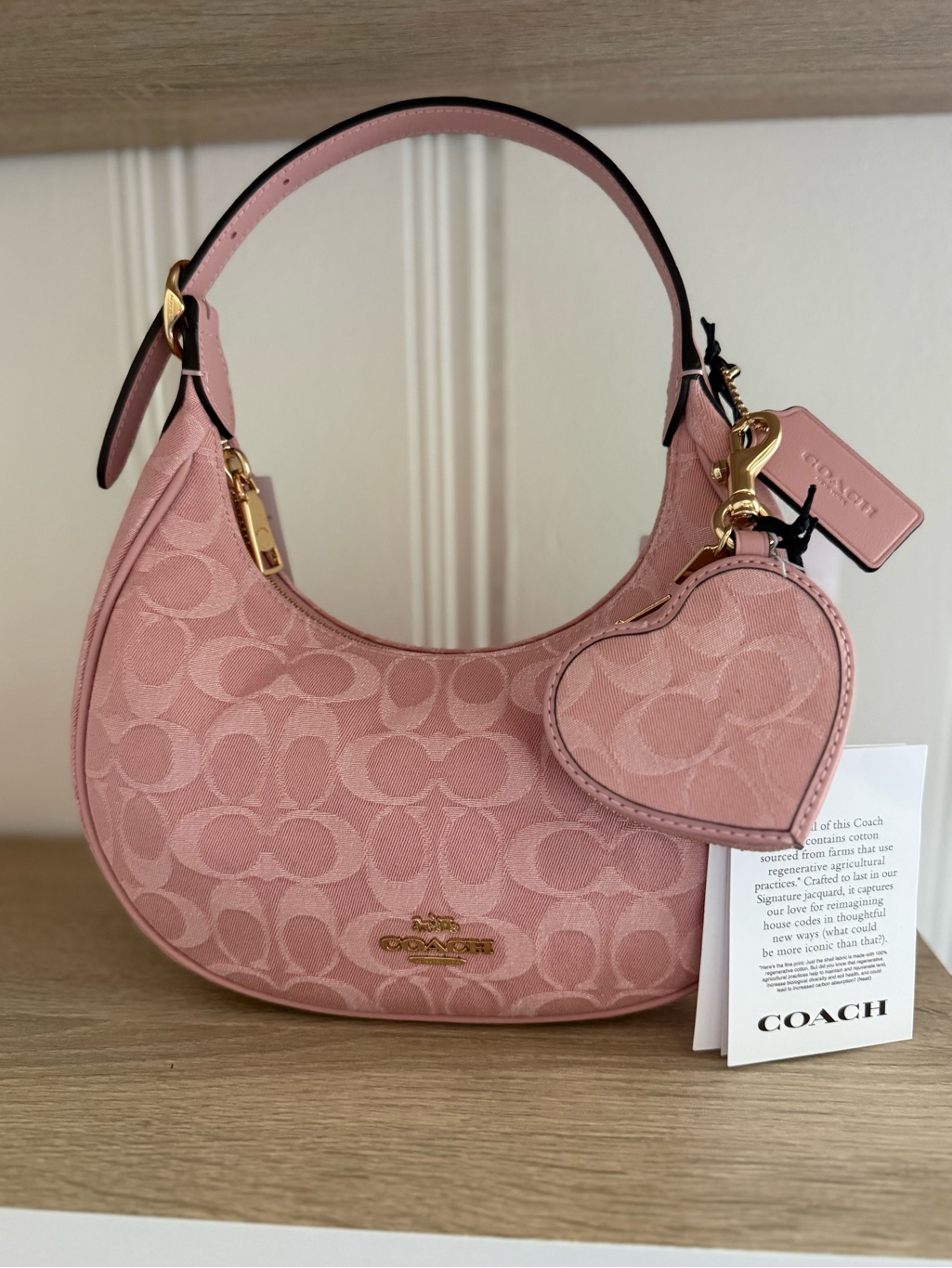 Coach Nwt Pink Denim Emily Hobo Bag With Heart Pouch Charm